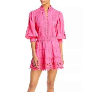 Alice + Olivia Clark Bishop Sleeve Lace Tiered Mini Dress French Rose Women's 6